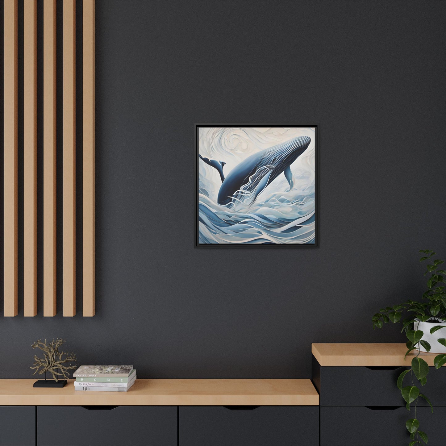 Modern Abstract Whale Wave Design Unique Framed Canvas Wall Art Ocean Beach Gift Nature Lover Gift Underwater Sea Lover Gift 3 frame colors
