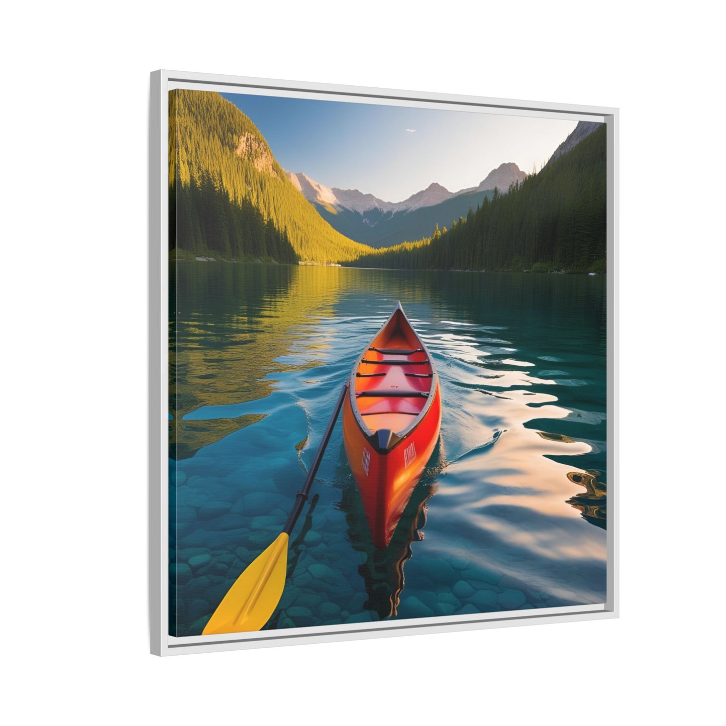 Canoe in the River Framed Canvas Wall Art Mountain Lover Outdoorsman Vacation Kayak Gift Nature Lover Peaceful Zen Gift 3 frame colors