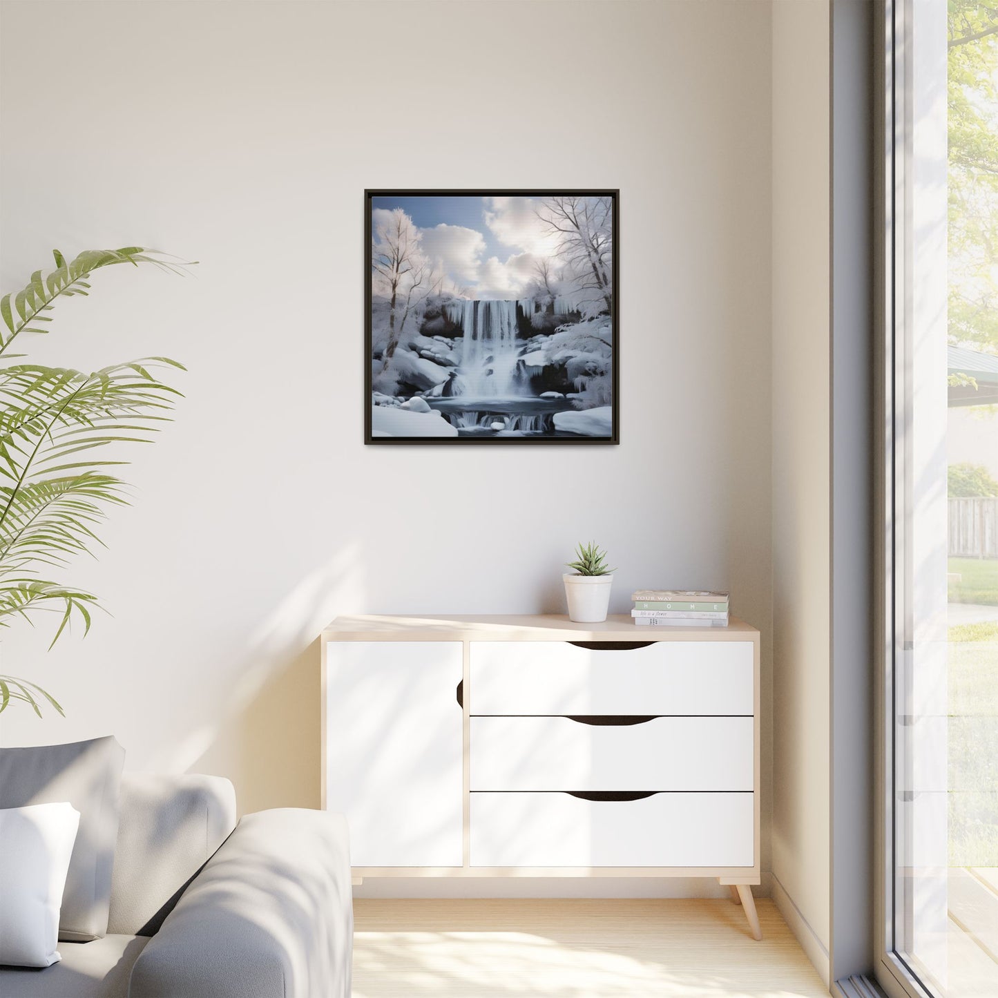 Modern Snowy Waterfall Design Unique Framed Canvas Wall Art Winter Scene Nature Lover Gift Mountain Landscape Decor Gift 3 frame colors