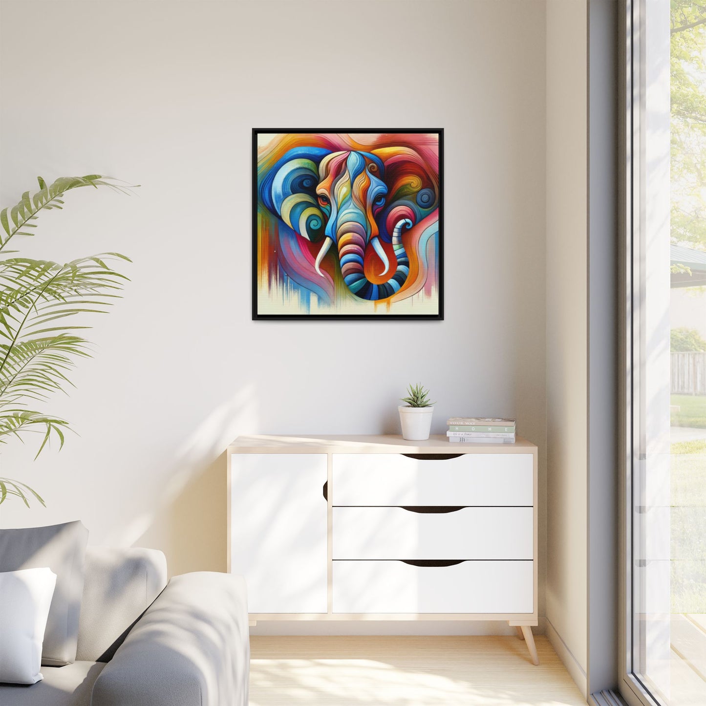Modern Elephant Print Abstract Design Unique Framed Canvas Print African Wall Art Animal Lover Gift Nature Lover Decor 3 frame colors