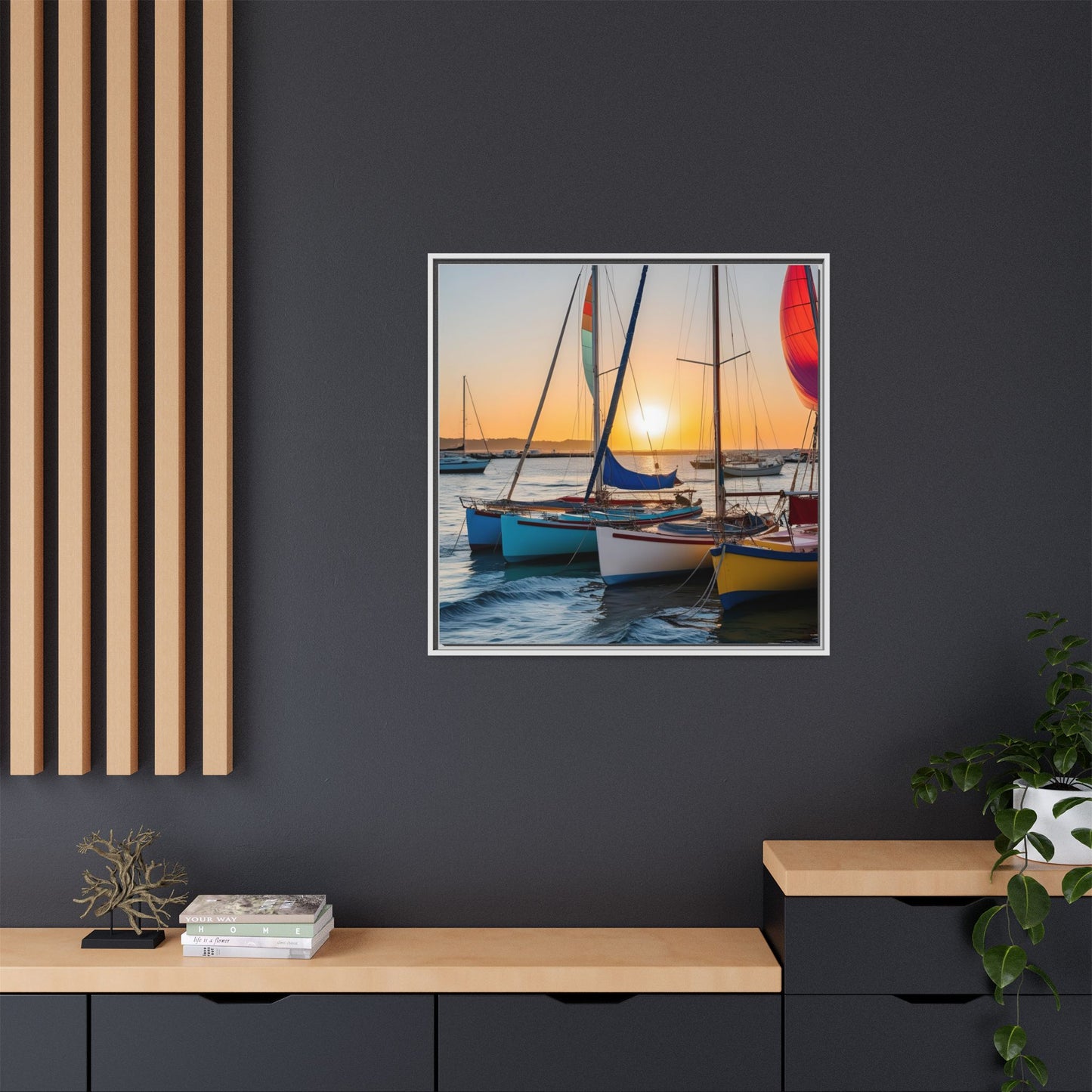 Sailboats at Sunset in Harbor Framed Canvas Wall Art Beach Lover Vacation Oceanic Gift Nature Lover Peaceful Zen Sunrise Art 3 frame colors