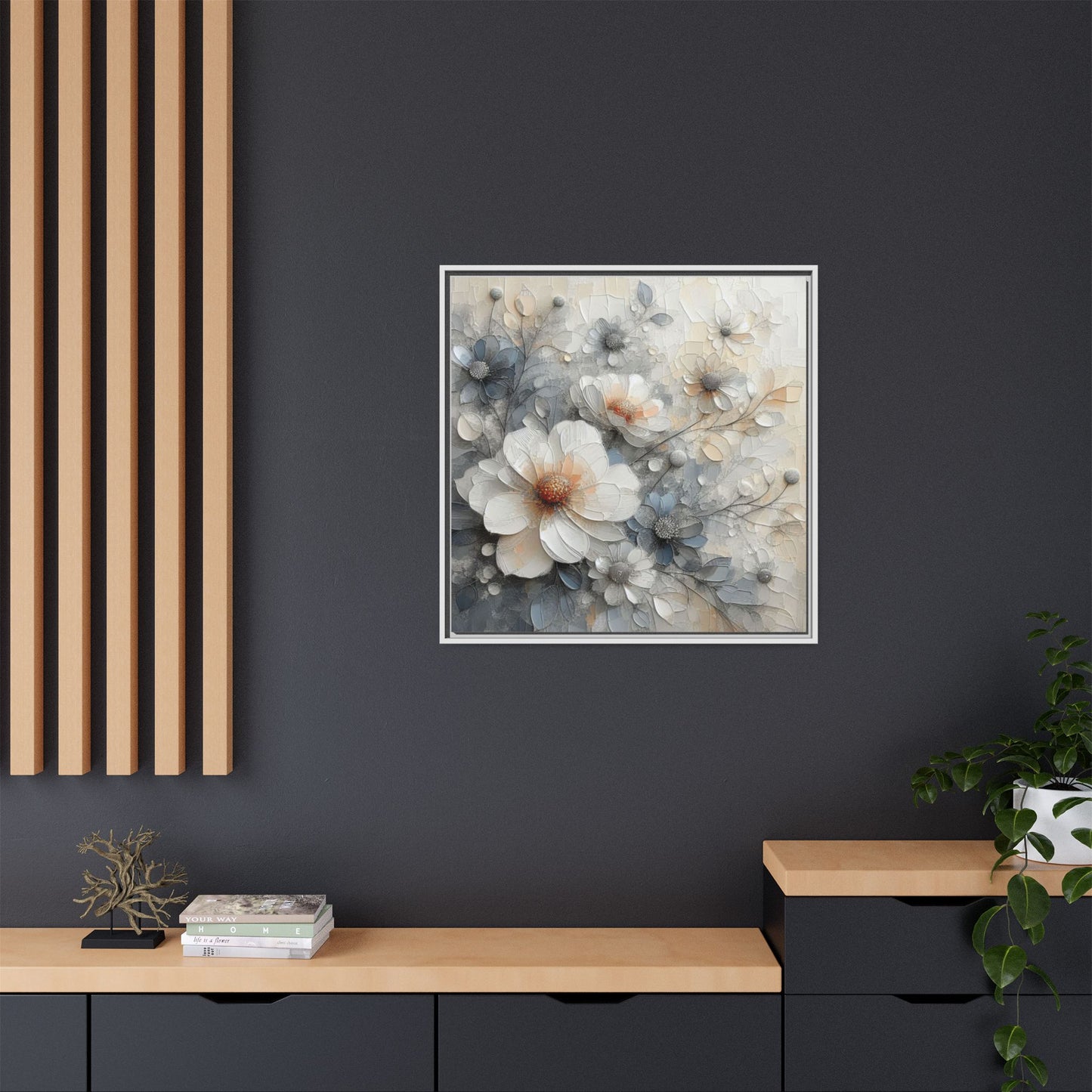 Modern Grey and White Floral Design Unique Framed Canvas Wall Art Flower Lover Gift Nature Lover Gift 3 frame colors