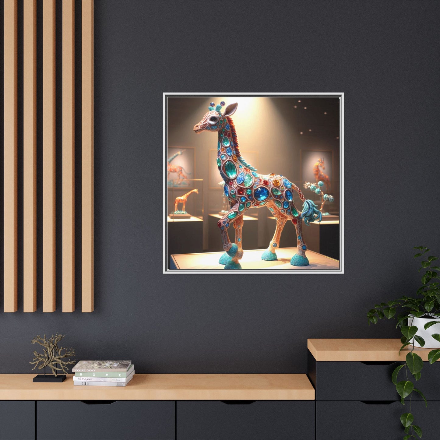 Bejeweled Giraffe Framed Canvas Print Wall Art Unique Fashion Designer Haute Couture Fashionista Animal Lover Gift Decor 3 Frame Colors