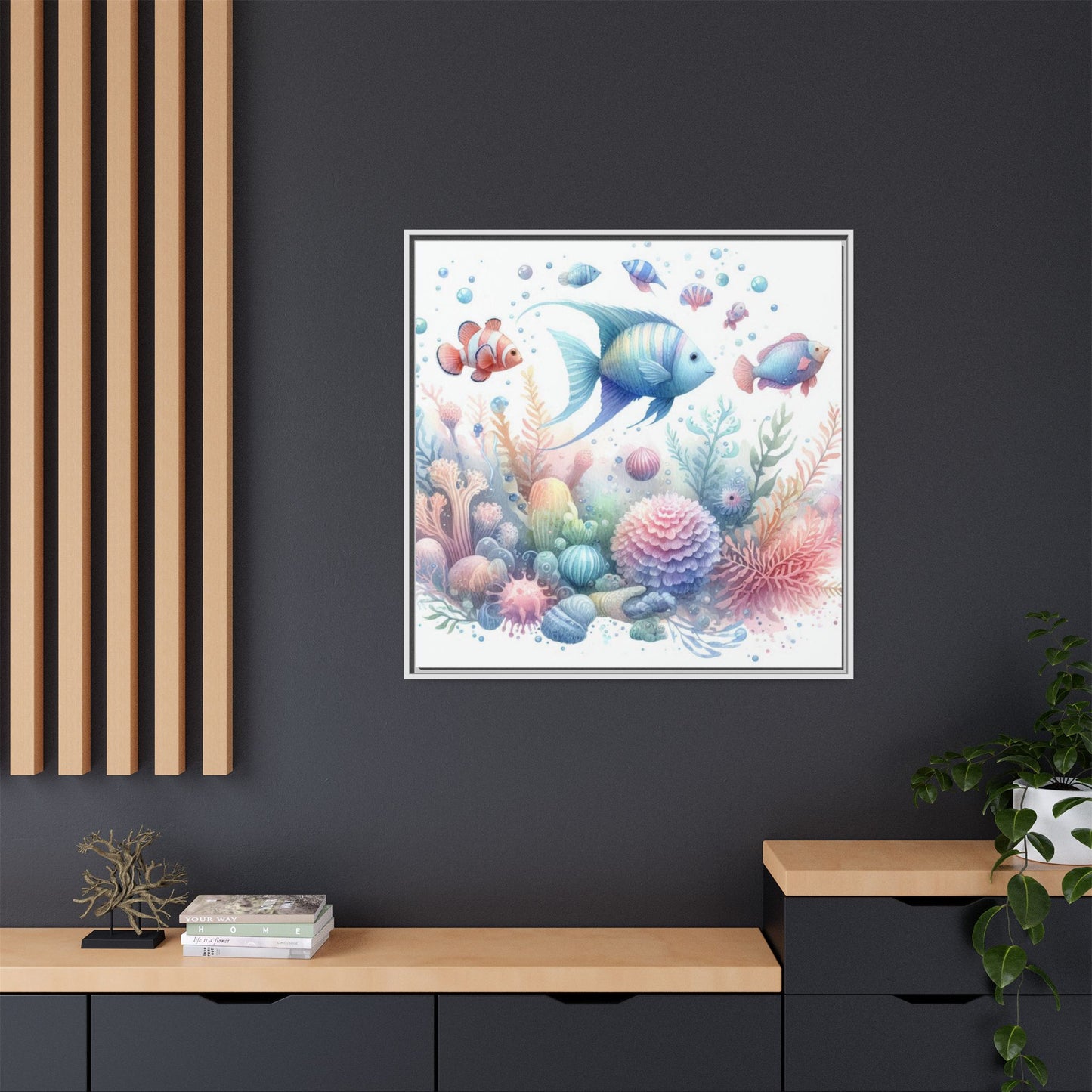Whimsical Nursery Decor Pastel Underwater Design Unique Sweet Baby Room Framed Canvas Ocean Fish Print Unisex Baby Shower Octopus Gift