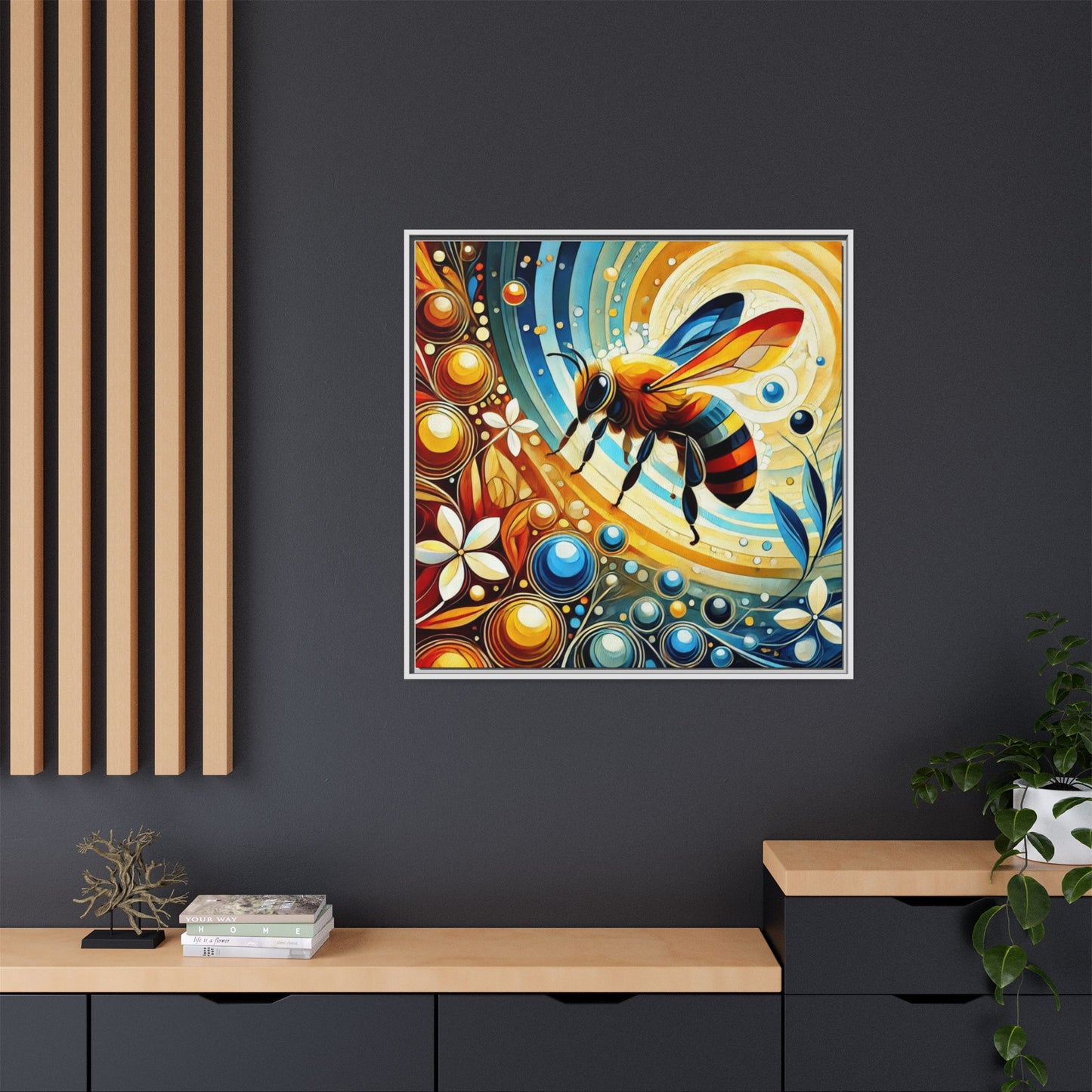 Modern Bee Print Abstract Design Unique Framed Canvas Print Insect Lover Wall Art Animal Lover Nature Lover Decor 3 frame colors