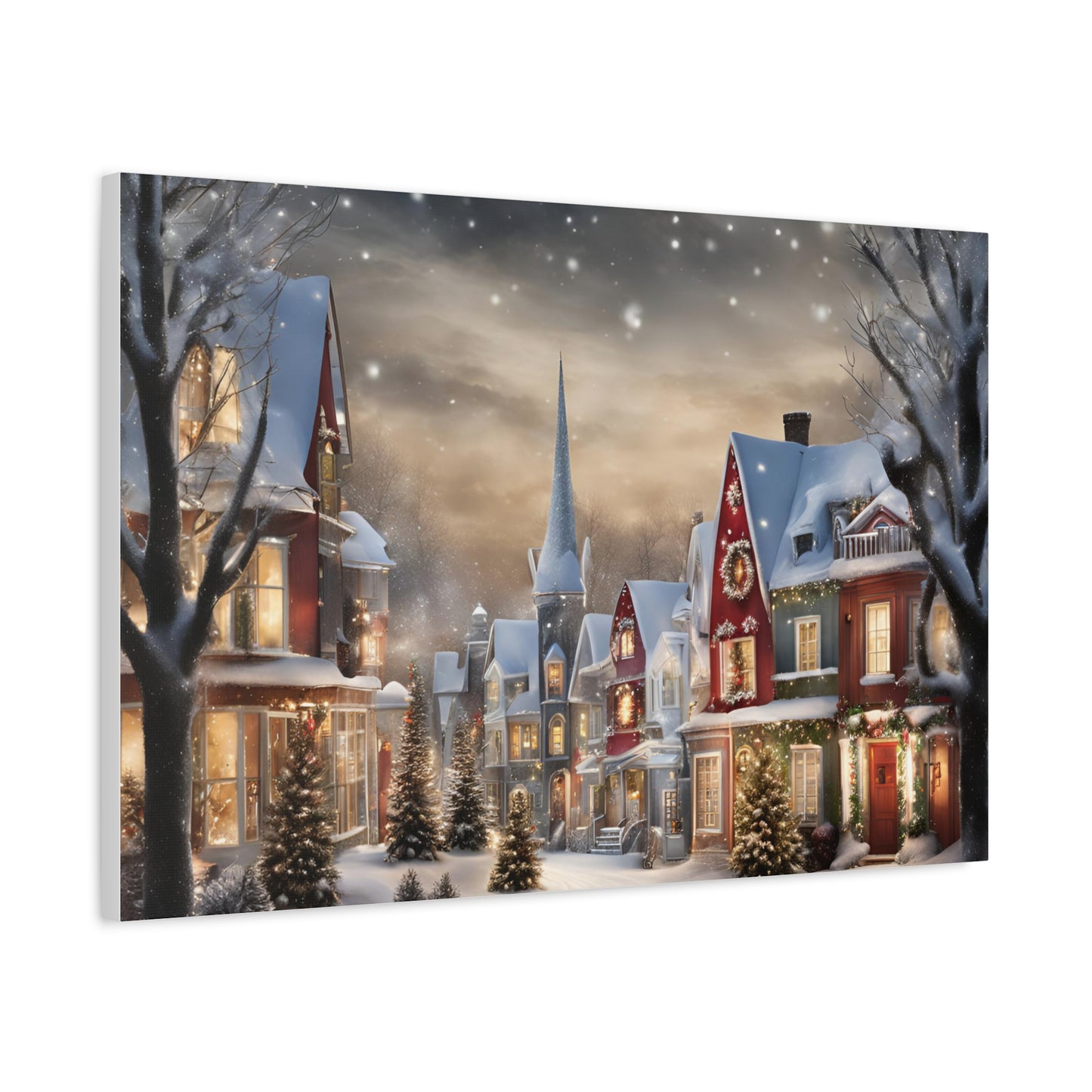 Country Town Winter Scene Print Wall Art | Matte Canvas, Stretched, 1.25" | Holiday Themed Gift