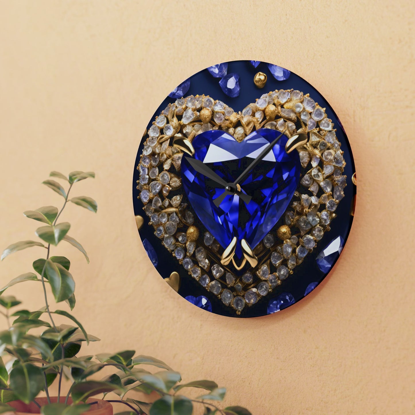 Heart Design Acrylic Office Clock Unique Colorful Wall Clock for Kitchen or Living Room Royal Sapphire Blue Brooch-look Bling Clock
