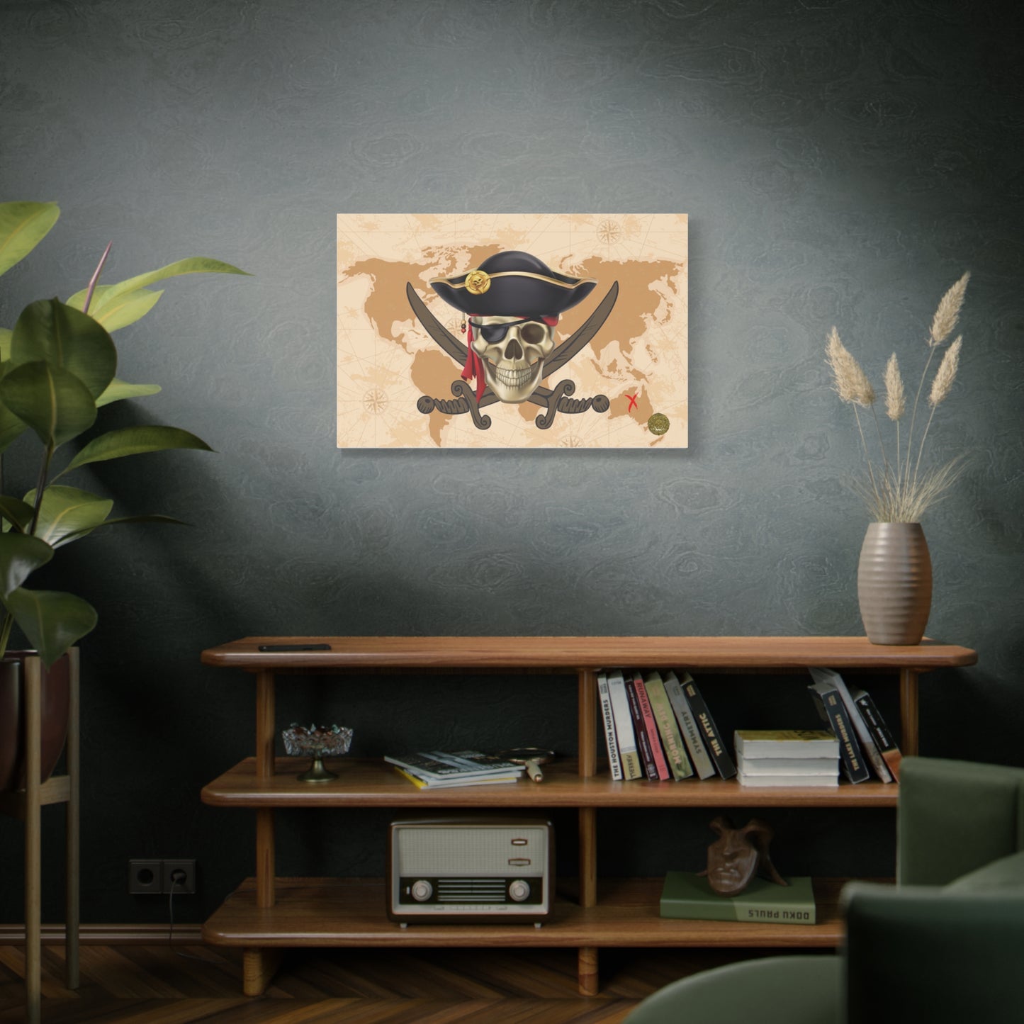 Jolly Roger Pirate Print Wall Art | Matte Canvas, Stretched, 1.25" | Nautical Themed Swords and Skull Anime Print