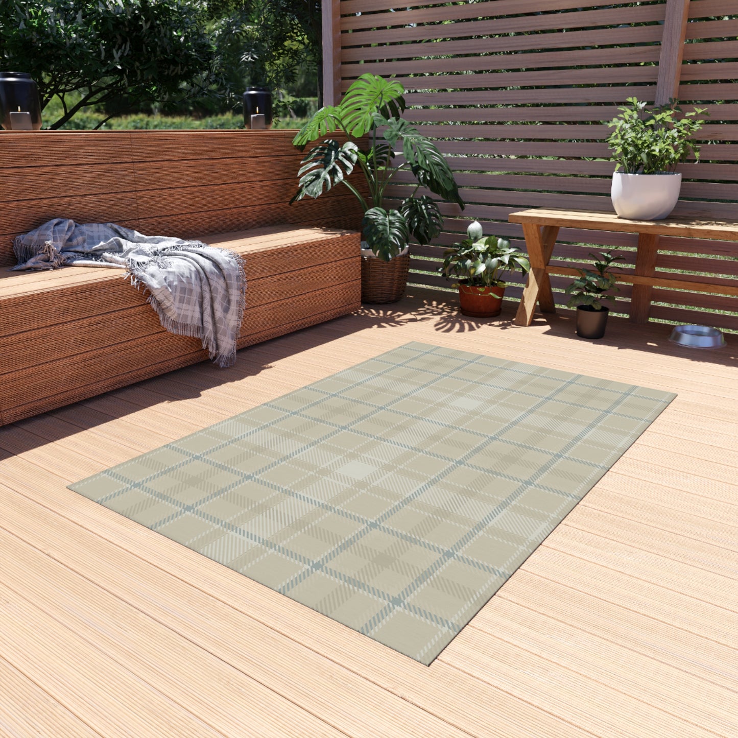 Checker Pattern Chenille Outdoor Rug with No-Skid Backing Cozy Outdoor Carpet Patio Decor Gazebo Rug Pool Area Decor Outdoor Kitchen Carpet