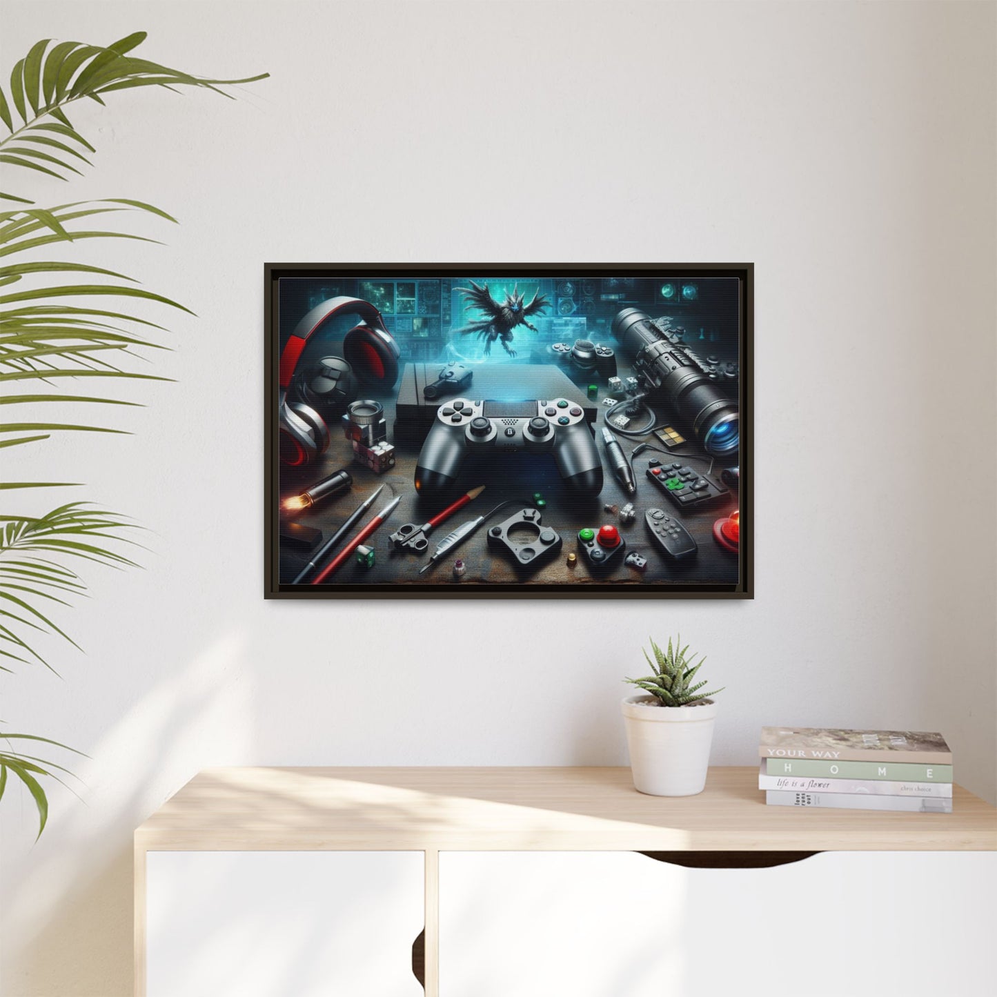 Gamer Themed Unique Framed AI Canvas Print Wall Art Video Game Lover Futuristic Digital Style Gift Cyber Geek Matrix Decor 3 frame colors