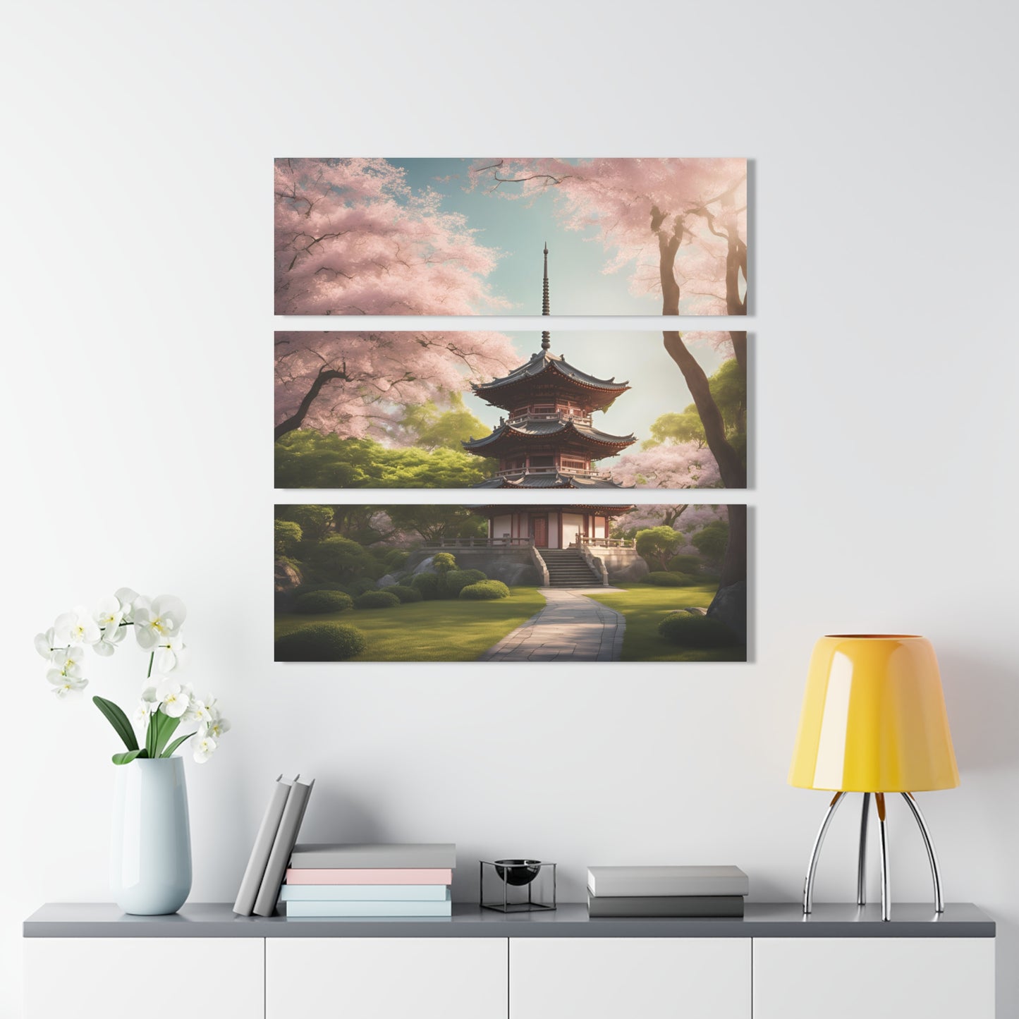 3-Panel Japanese Pagoda Style Home Design Triptych Acrylic Print Wall Art Plum Blossoms Nature Lover Gift Asian Art Home Decor Japanophile