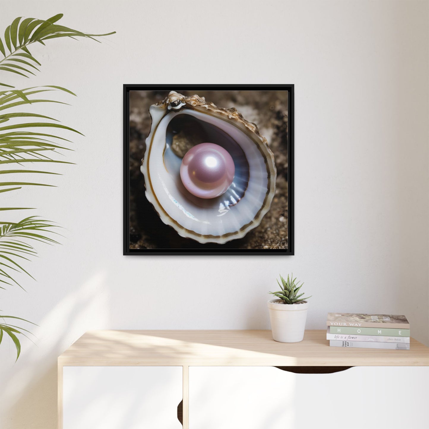 Pink Pearl in Oyster Shell Framed Canvas Wall Art Beach Lover Vacation Oceanic Gift Nature Lover Peaceful Zen Gift 3 frame colors