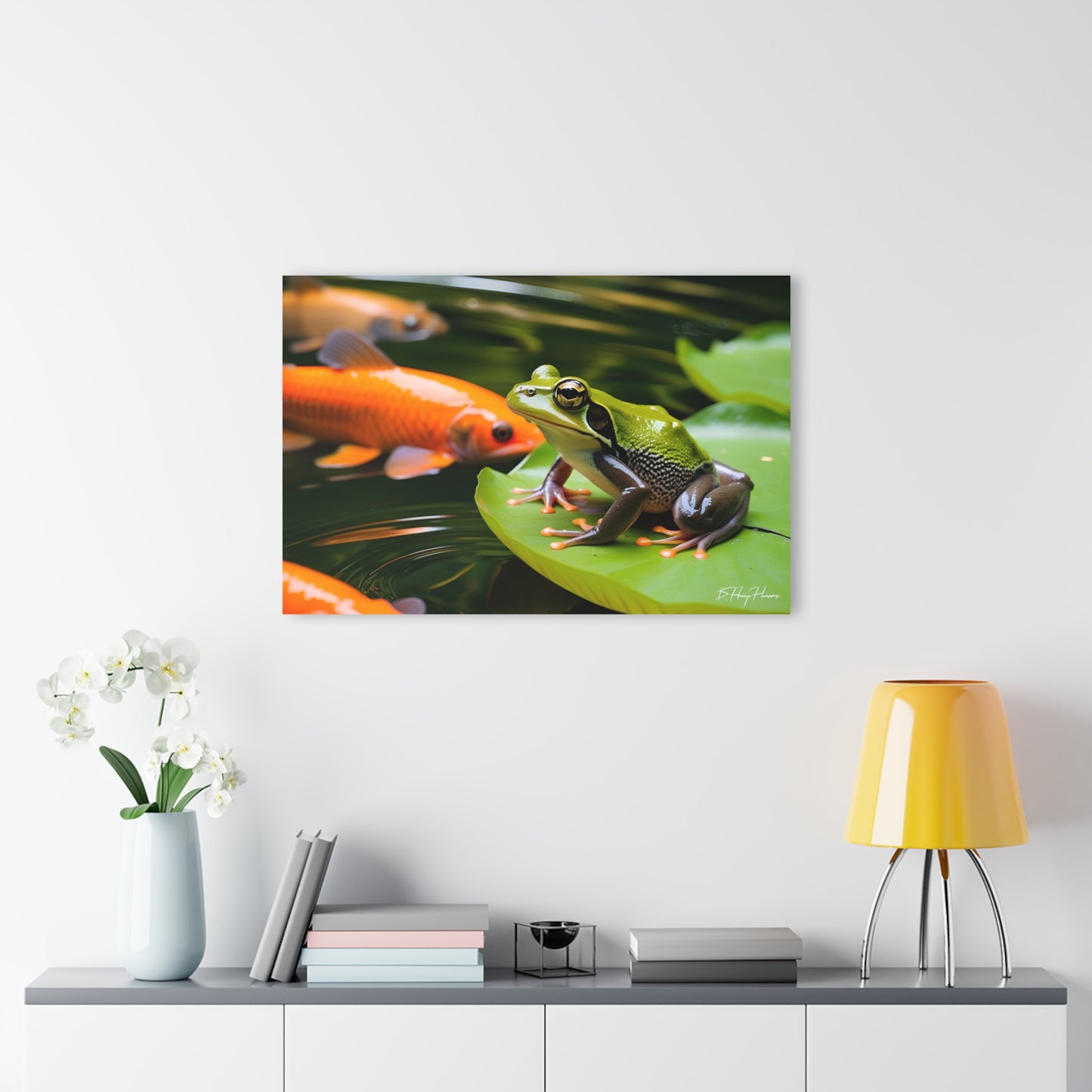 Green Frog on Lily Pad Acrylic Print with Carp in Pond Nature Lover Wall Art Animal Lover Gift Artwork Modern Garden Home Decor