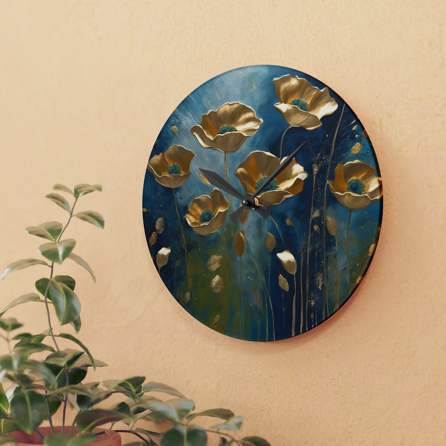 Floral Design Acrylic Clock Unique Colorful Wall Clock for Kitchen or Living Room Nature Lover Field of Flowers Gardener Gift