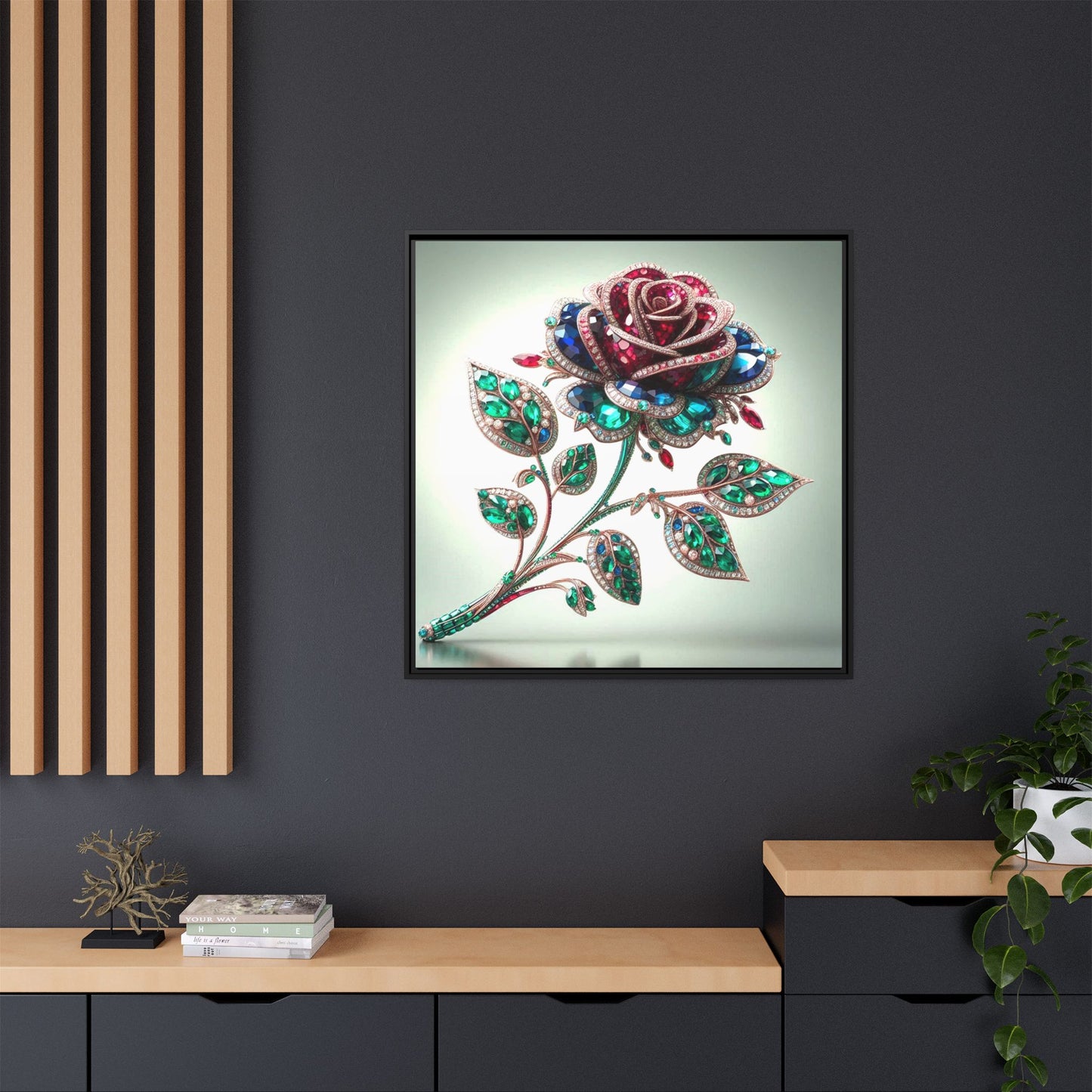 Bejeweled Rose Framed Canvas Print Wall Art Unique Fashion Designer Haute Couture Fashionista Flower Lover Gift Decor 3 Frame Colors