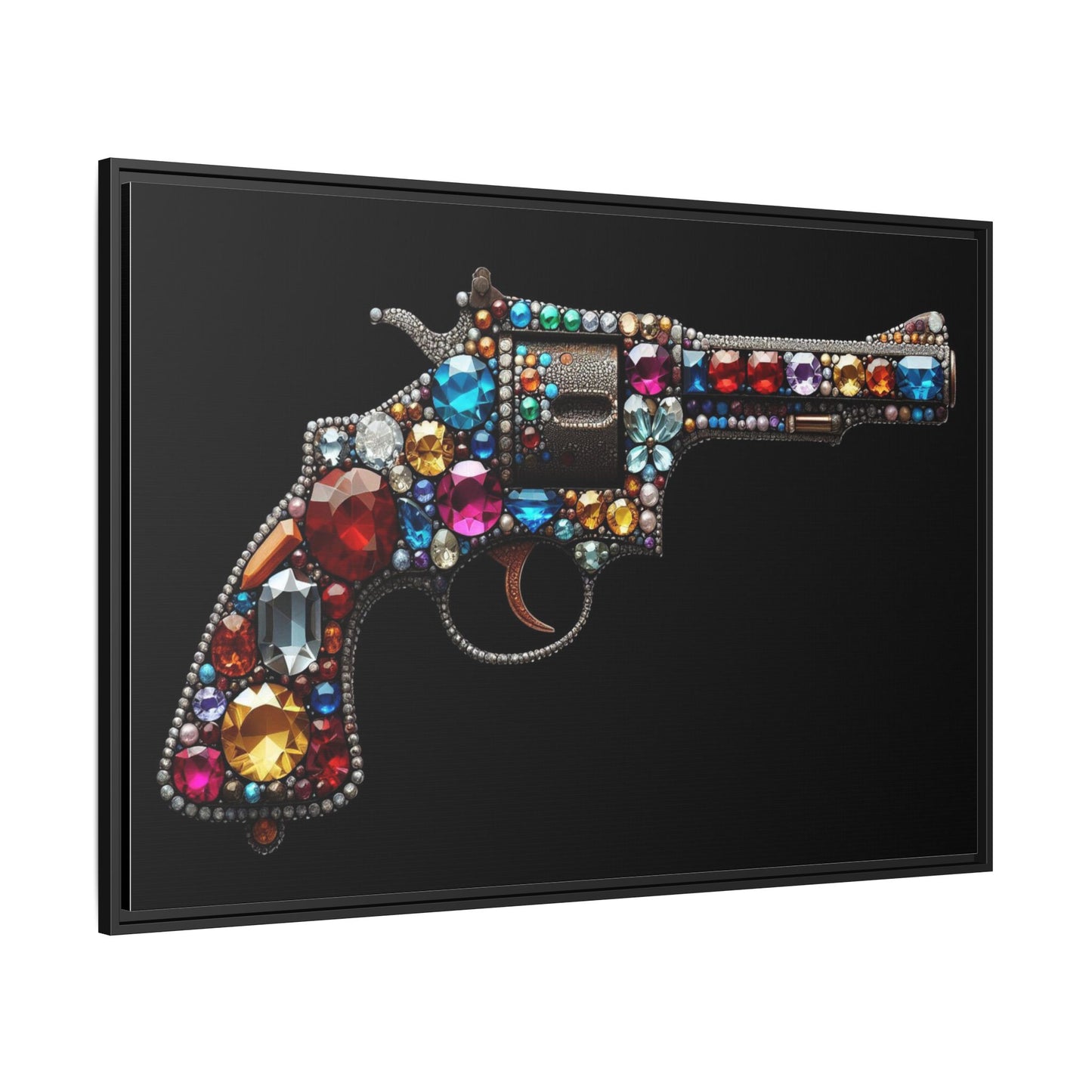 Bejeweled Revolver Print AI Design Unique Framed Canvas Print Wall Art Gun Lover Gift Edgy Glam Fantasy Weapon Decor 3 frame colors