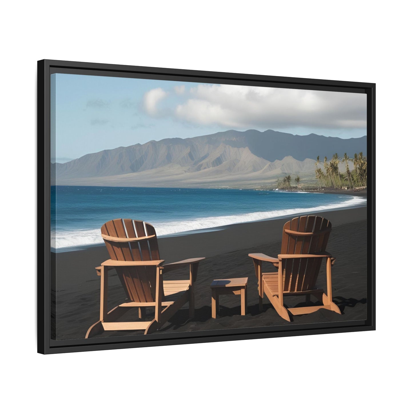 Chairs on the Maui Black Sand Beach Print Unique Framed Canvas Print Wall Art Gift Beachy Nature Lover Ocean Waves Decor 3 frame colors
