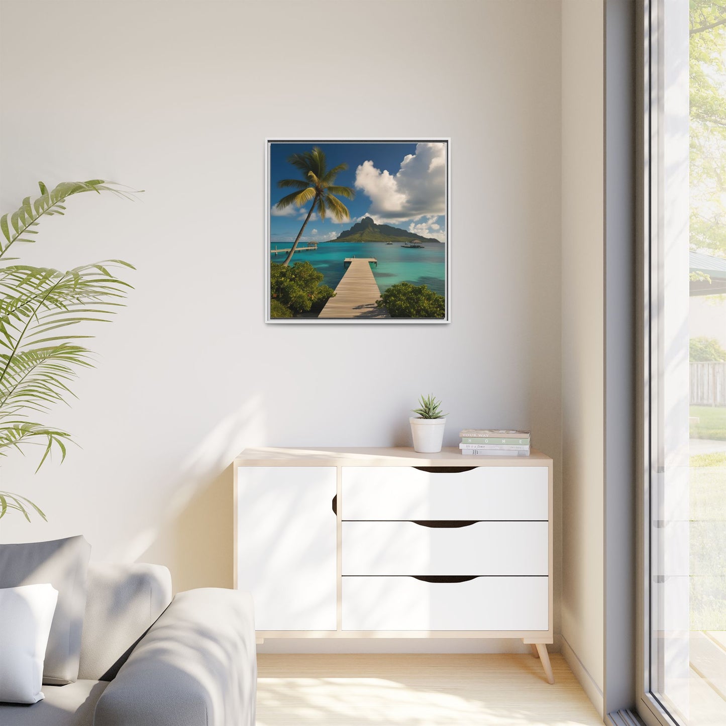 Tropical Island Calm Sunny Day Framed Canvas Wall Art Volcano Beach Vacation Oceanic Gift Nature Lover Peaceful Zen Gift 3 frame colors