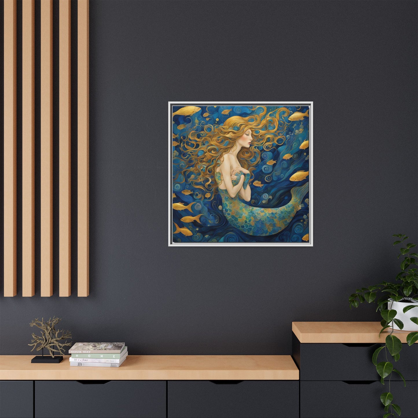 Modern Abstract Mermaid Design Unique Framed Canvas Oceanic Wall Art Underwater Gold Fish Anime Gift Nature Lover Gift 3 frame colors
