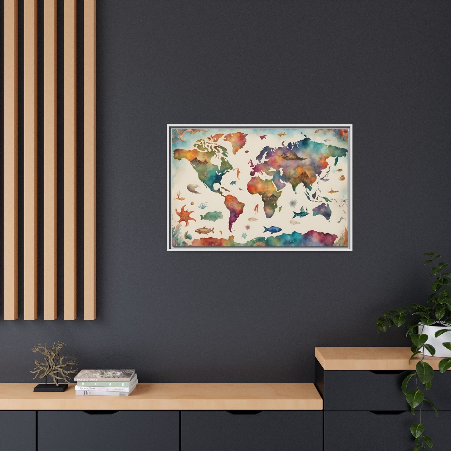 Unique Modern Art Style Colorful Marine Life Themed Global World Map Oceanic Print Matte Canvas Wall Art 3 frame colors to choose from