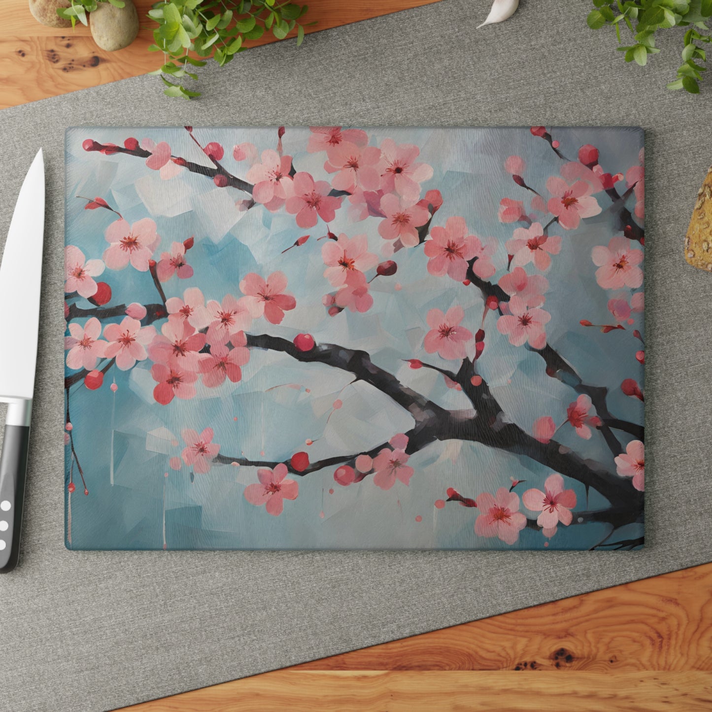Kitchen Decor Glass Cutting Board Serving Tray with Plum Blossom Design Cutting Board Gift for Home Cook Fun Floral Charcuterie Board