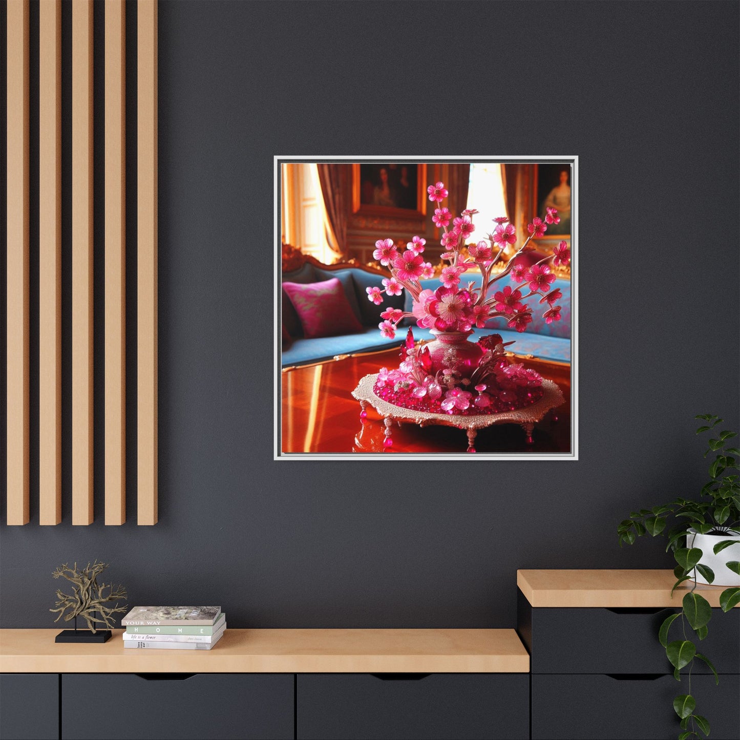 Pink Bejeweled Bonzai Tree Framed Canvas Print Wall Art Unique Nature Lover Asian Art Gift Decor 3 Frame Colors