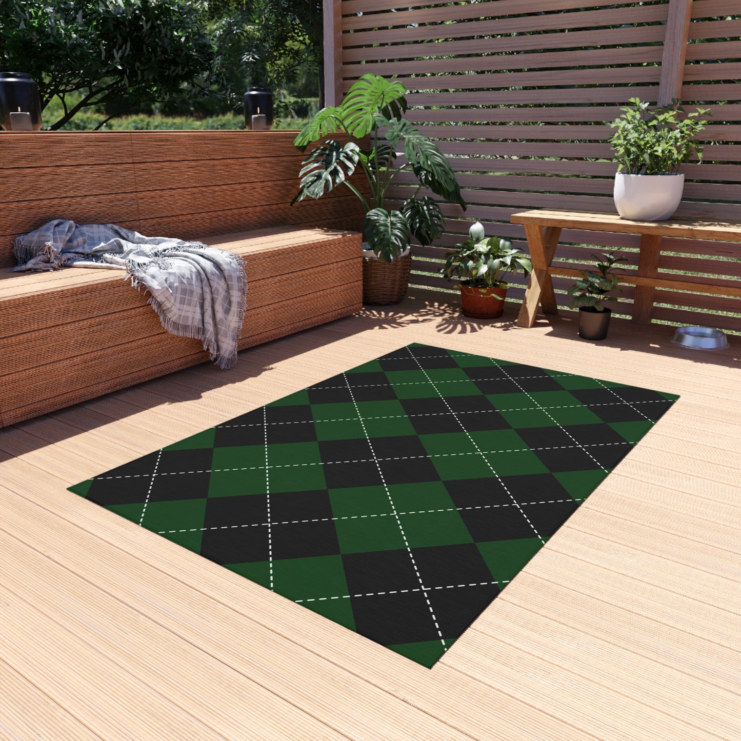 Checker Pattern Chenille Outdoor Rug with No-Skid Backing Cozy Outdoor Carpet Patio Decor Gazebo Rug Pool Area Decor Outdoor Kitchen Carpet