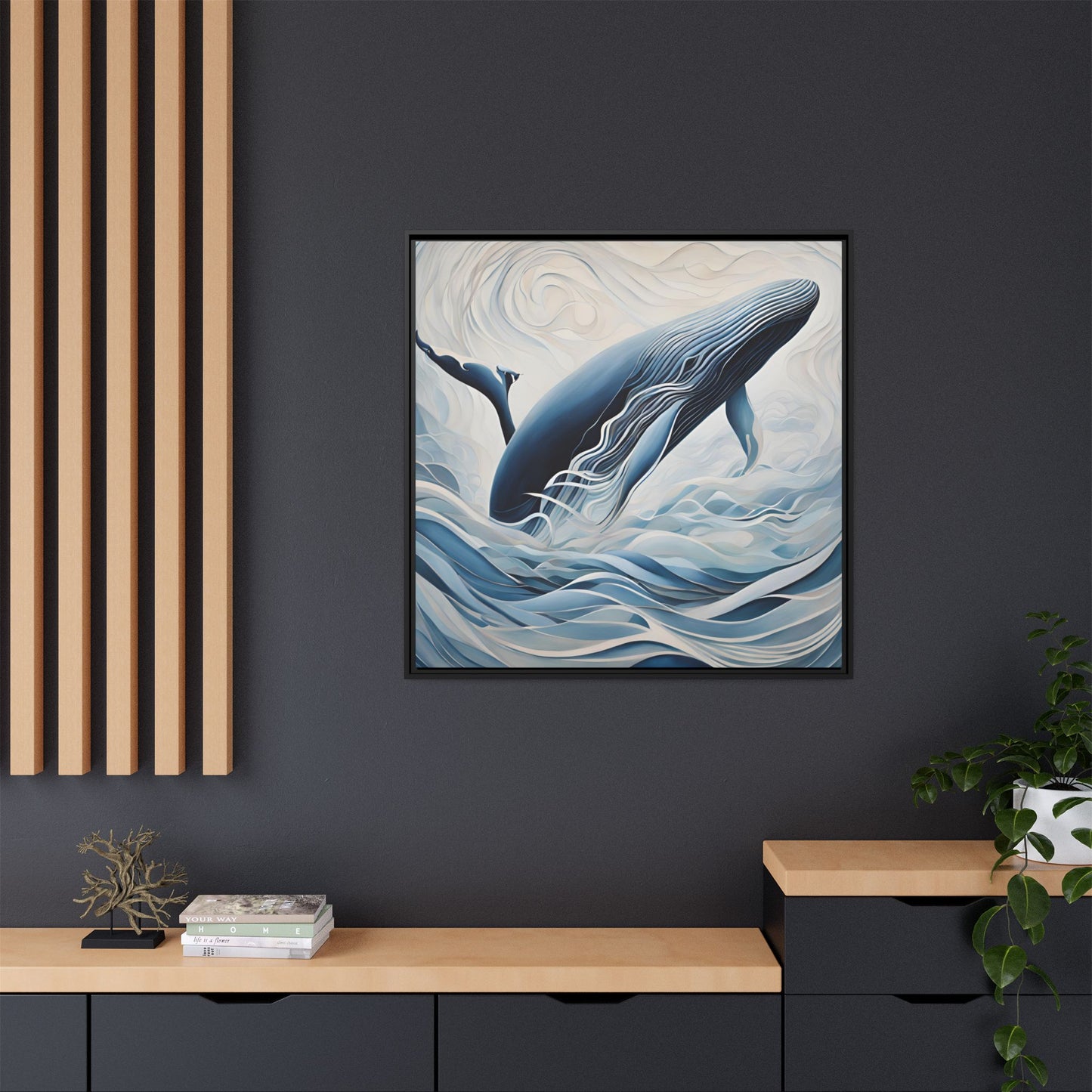 Modern Abstract Whale Wave Design Unique Framed Canvas Wall Art Ocean Beach Gift Nature Lover Gift Underwater Sea Lover Gift 3 frame colors