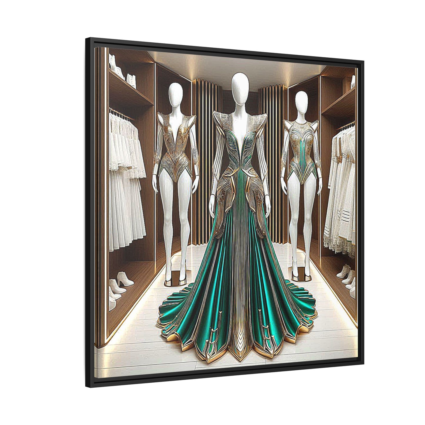 Futuristic Bodycon Runway Dress Framed Canvas Print Wall Art Unique Fashion Designer Style Haute Couture Fashionista Gift 3 Frame Colors