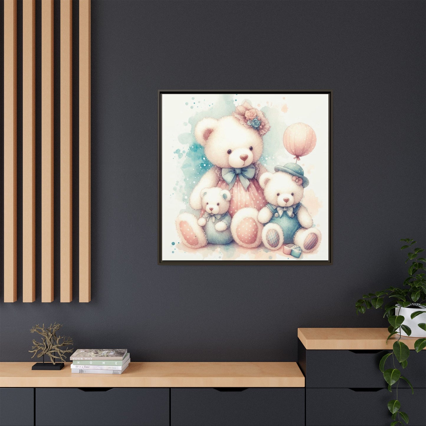 Whimsical Nursery Decor Pastel Floral Teddy Bear Design Wall Art Unique Sweet Baby Room Framed Canvas Print Unisex Baby Shower Gift
