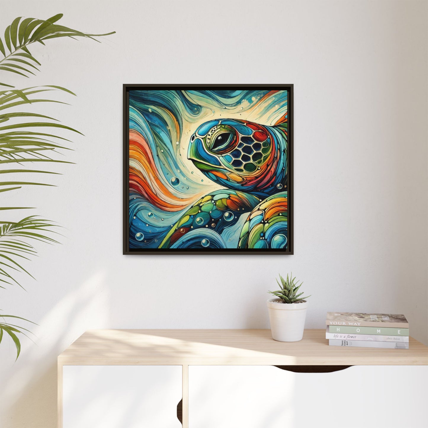Modern Sea Turtle Print Abstract Design Unique Framed Canvas Print Oceanic Wall Art Animal Lover Gift Nature Lover Decor 3 frame colors