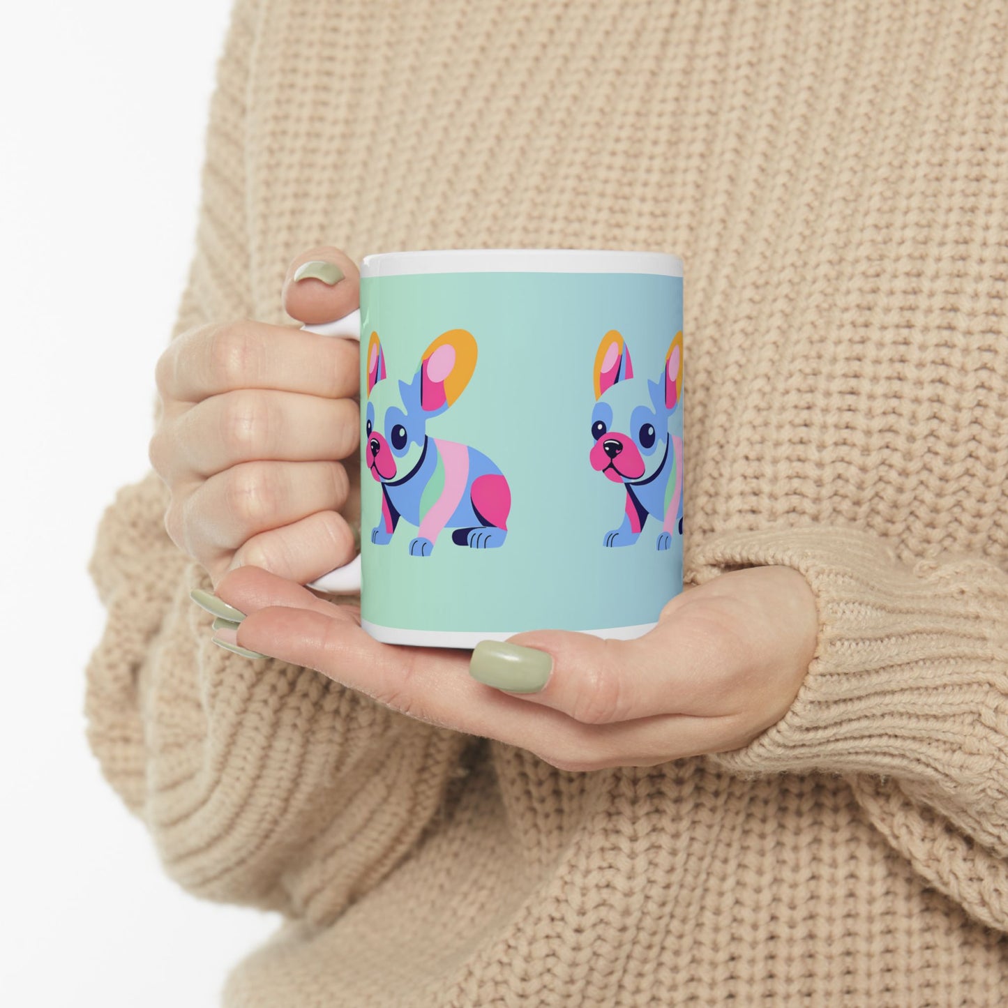 Cute Frenchie Puppy Baby Blue and Mint Green Ceramic Coffee Tea or Hot Chocolate Mug Pet Lover Gift