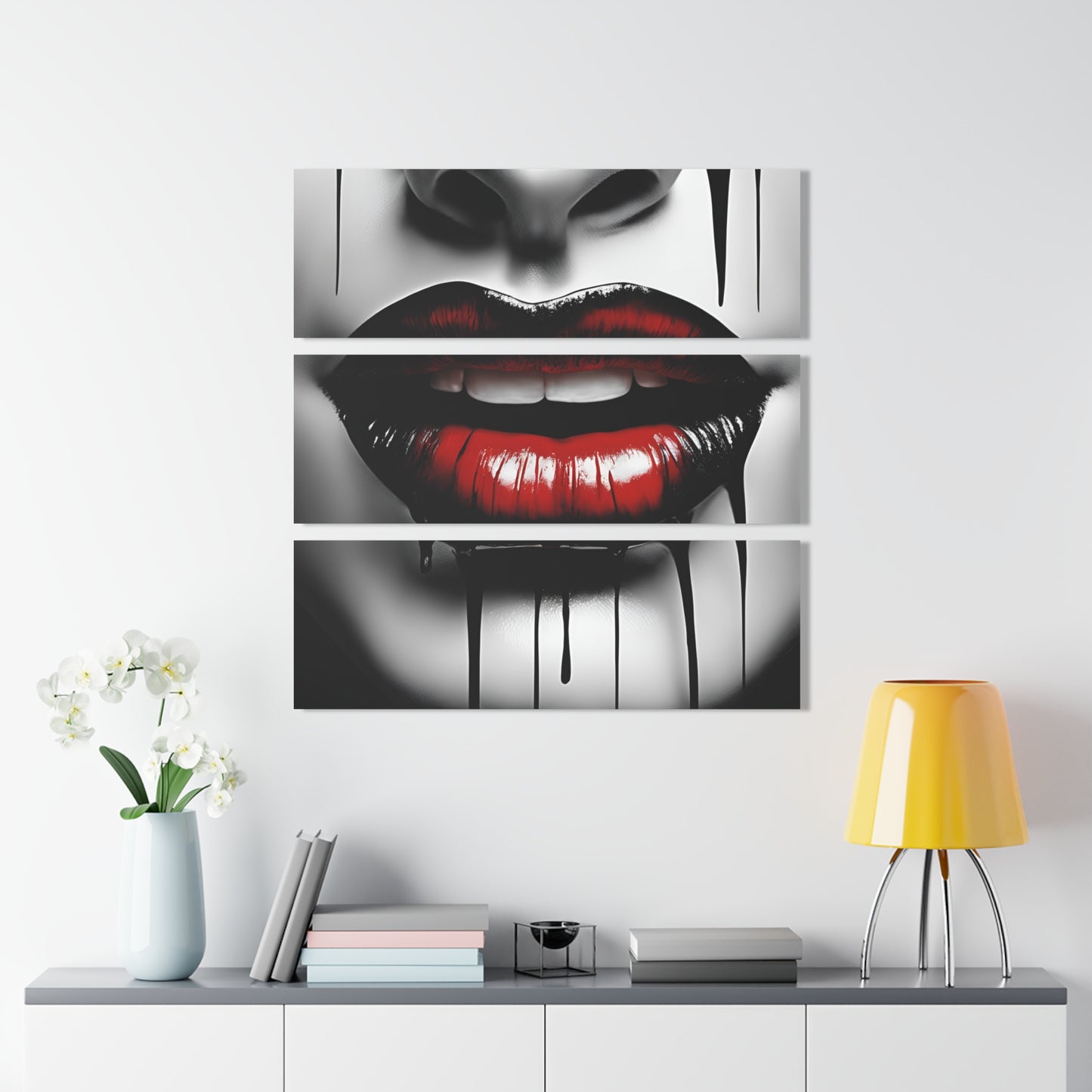 Lips Design Triptych Acrylic Print Wall Art Unique Modern Splatter Art Style Black and White Dripping Paint Image