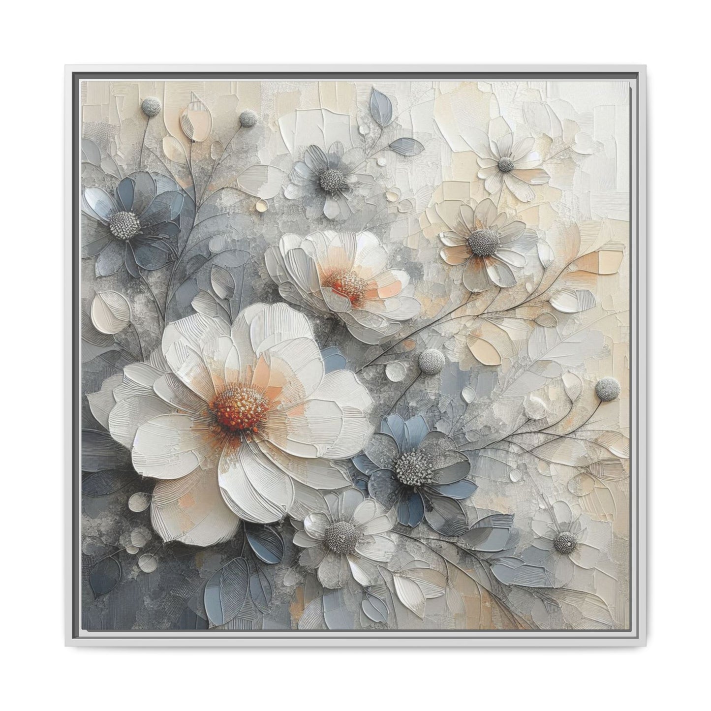 Modern Grey and White Floral Design Unique Framed Canvas Wall Art Flower Lover Gift Nature Lover Gift 3 frame colors