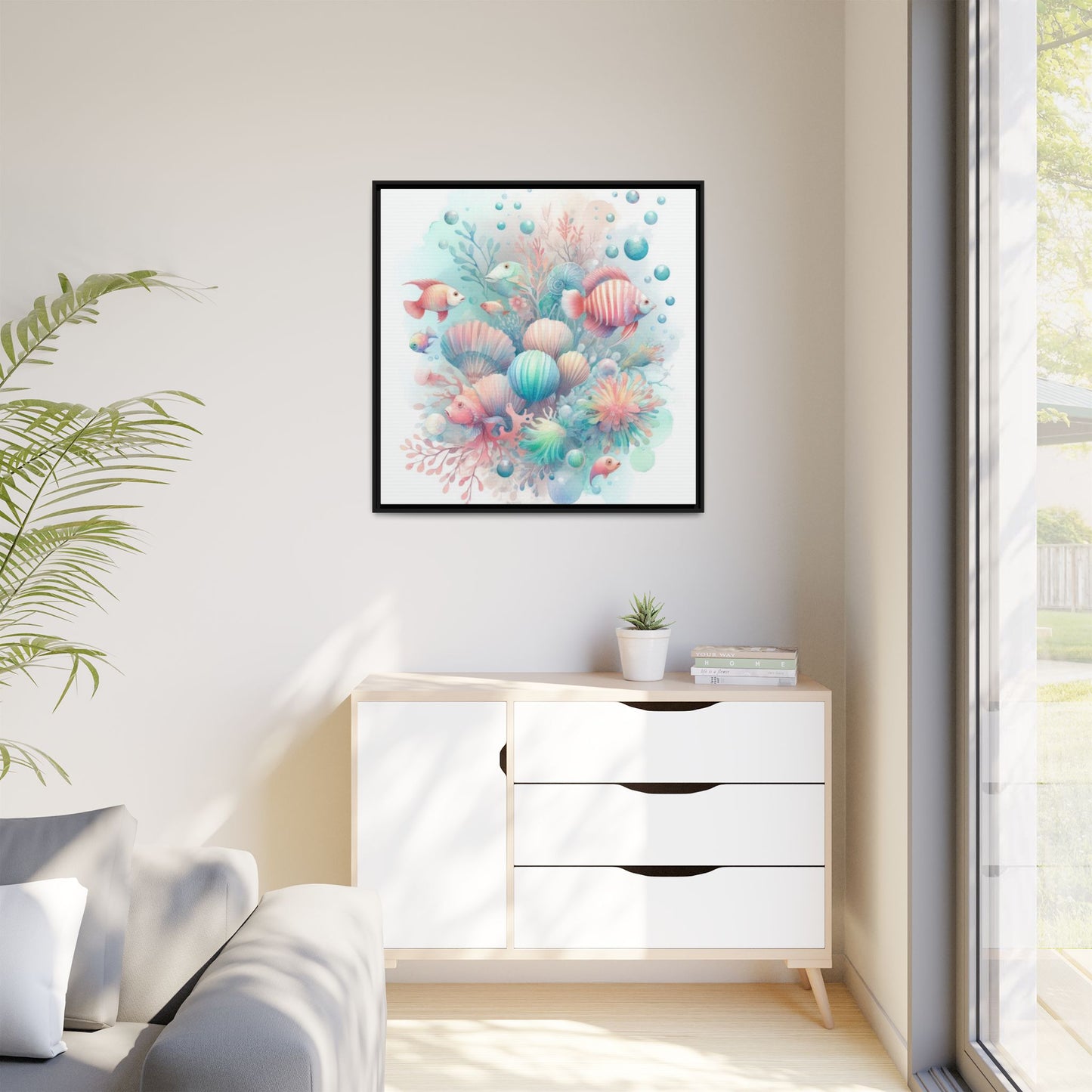 Whimsical Nursery Decor Pastel Underwater Design Unique Sweet Baby Room Framed Canvas Ocean Fish Print Unisex Baby Shower Coral Reef Gift