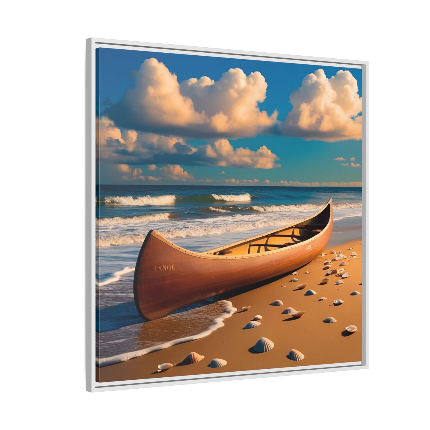 Canoe on the Beach Calm Sunny Day Framed Canvas Wall Art Beach Lover Vacation Oceanic Gift Nature Lover Peaceful Zen Gift 3 frame colors