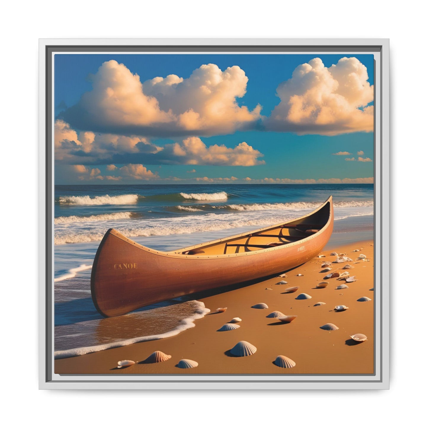 Canoe on the Beach Calm Sunny Day Framed Canvas Wall Art Beach Lover Vacation Oceanic Gift Nature Lover Peaceful Zen Gift 3 frame colors