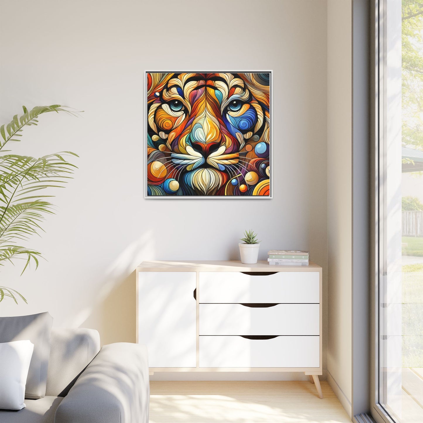 Modern Lion Face Print Abstract Design Unique Framed Canvas Print King of Jungle Wall Art Animal Lover Nature Lover Decor 3 frame colors