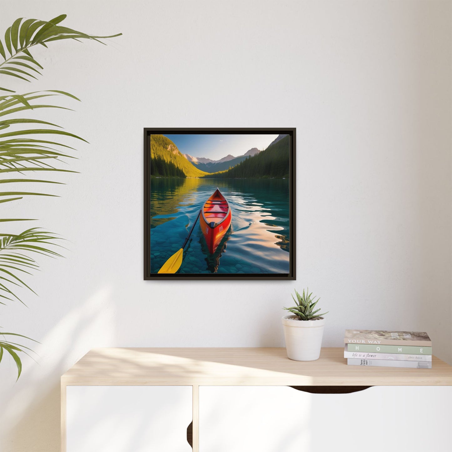 Canoe in the River Framed Canvas Wall Art Mountain Lover Outdoorsman Vacation Kayak Gift Nature Lover Peaceful Zen Gift 3 frame colors