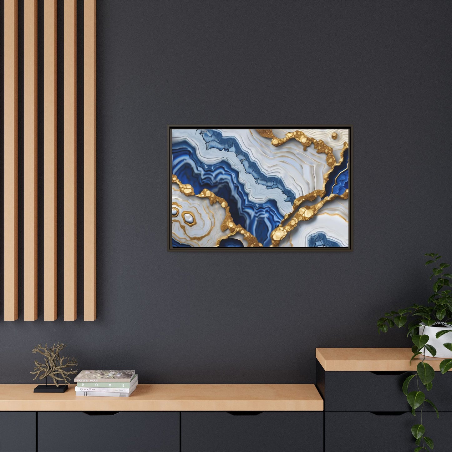 Blue, White and Gold Quartz Crystal Geode Design Print Matte Canvas Wall Art Nature Lover Gift Geology Rock Lover Gift 3 frame color choices