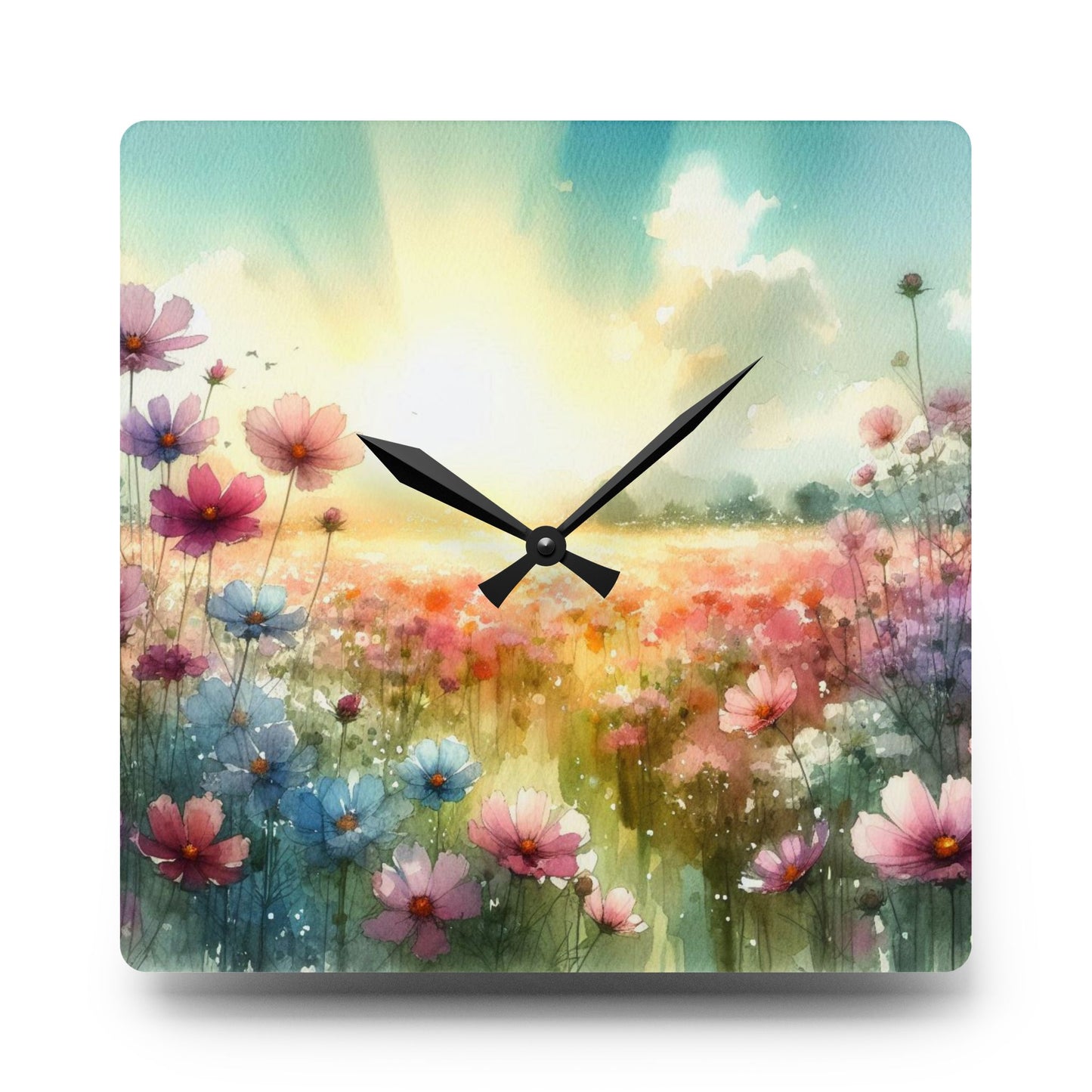 Pastel Floral Design Acrylic Clock Unique Colorful Wall Clock for Kitchen or Living Room Nature Lover Field of Flowers Gardener Gift