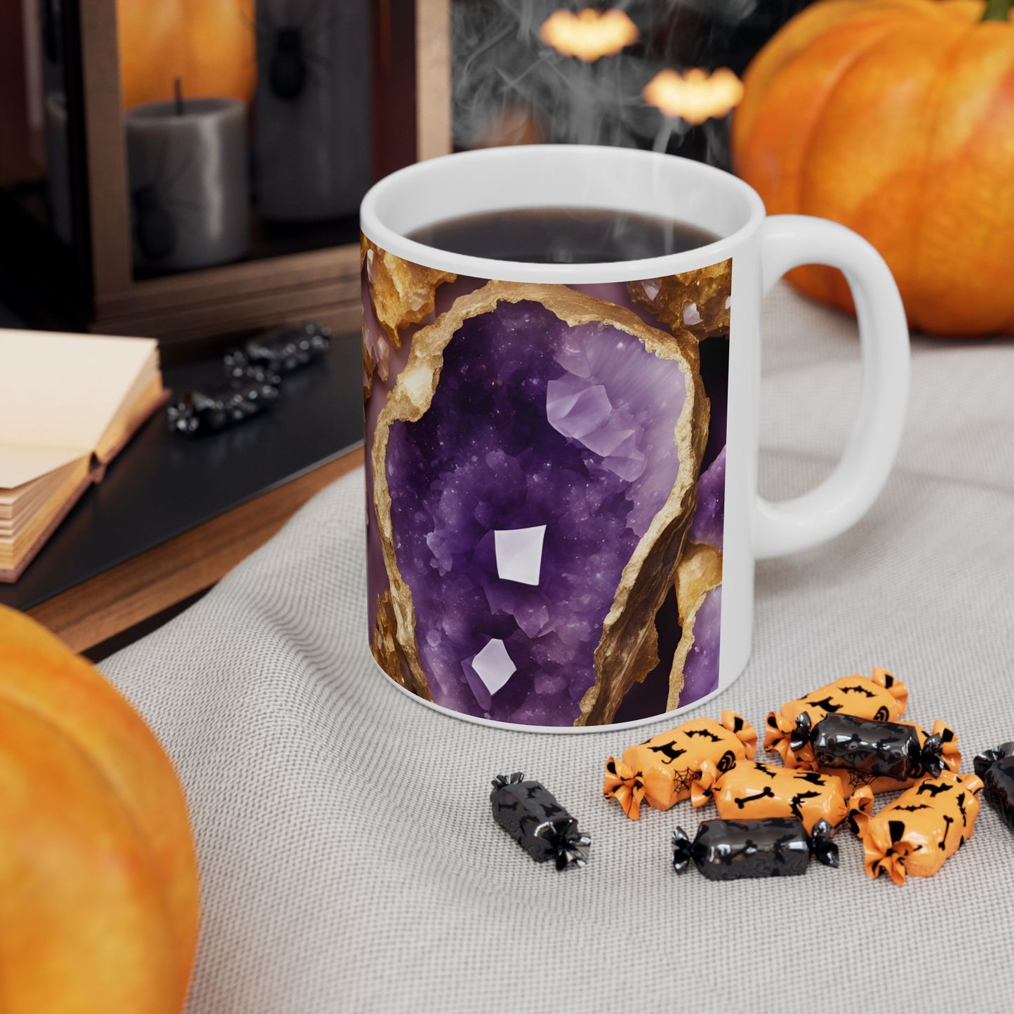 Purple and Gold Amethyst Design Geode Coffee Tea Mug Boho Gemologist Gift for Her Nature Lover Gift Geology Marble Agate Rock Lover Gift