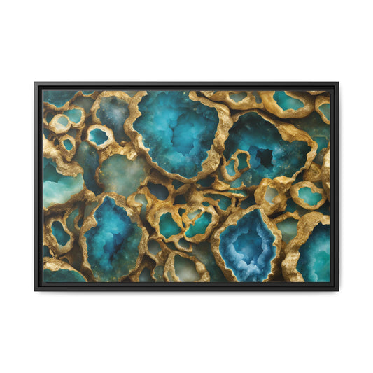 Blue, Green and Gold Quartz Crystal Geode Design Print Matte Canvas Wall Art Nature Lover Gift Geology Rock Lover Gift 3 frame color choices
