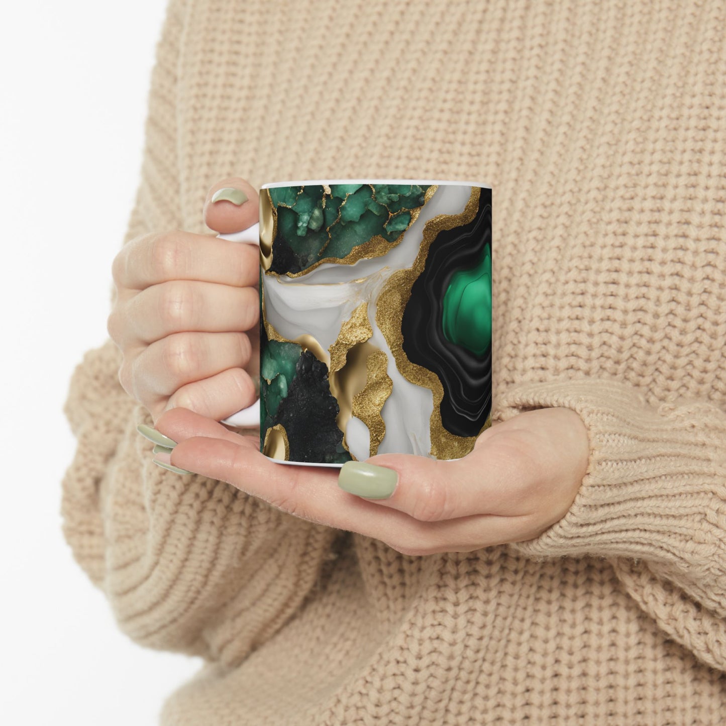 Black, White, Emerald Green and Gold Crystal Geode Design Coffee Tea Mug Boho Gemologist Gift Nature Lover Marble Rock Agate Geology Gift