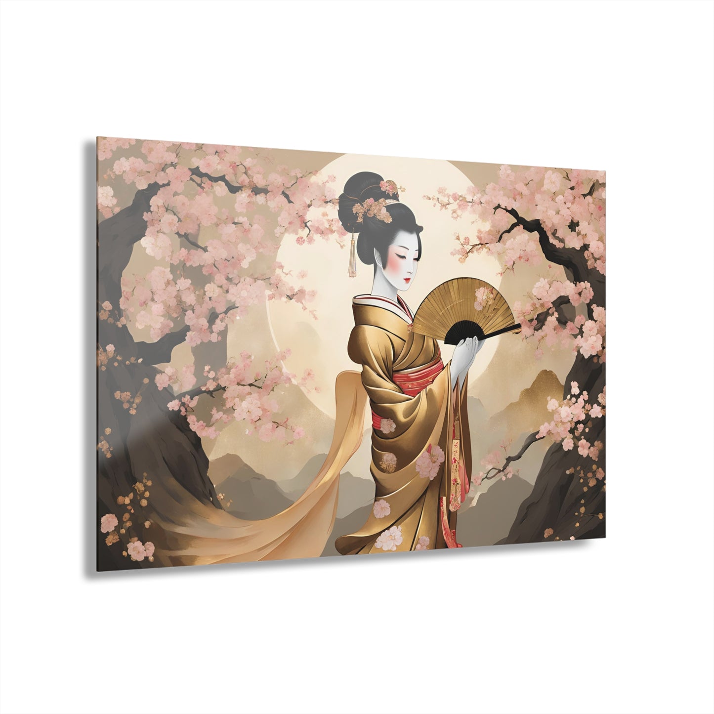 Large Asian Floral Design Acrylic Print with French Cleat Nature Lover Wall Art Geisha Girl Gift Art Modern Plum Cherry Blossom Home Decor