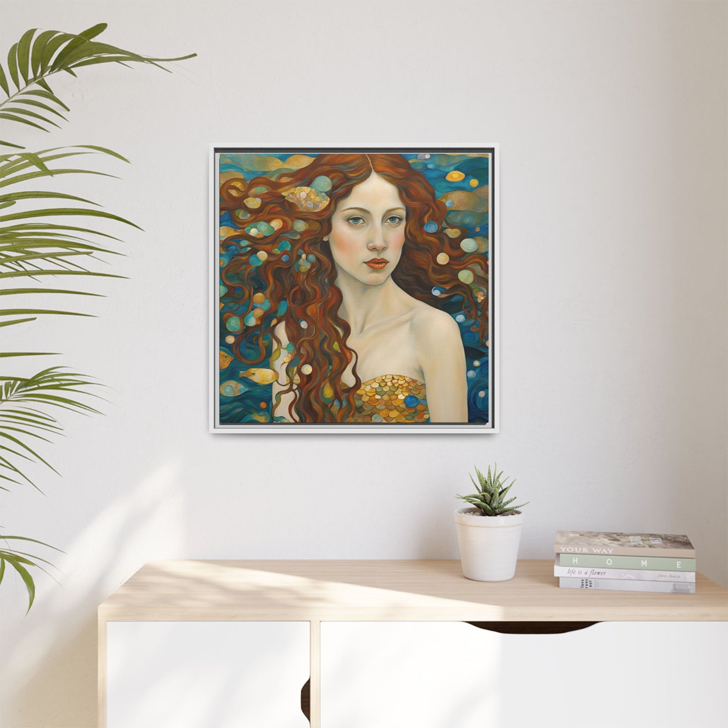 Modern Abstract Mermaid Design Unique Framed Canvas Oceanic Wall Art Underwater Gold Fish Anime Gift Nature Lover Gift 3 frame colors