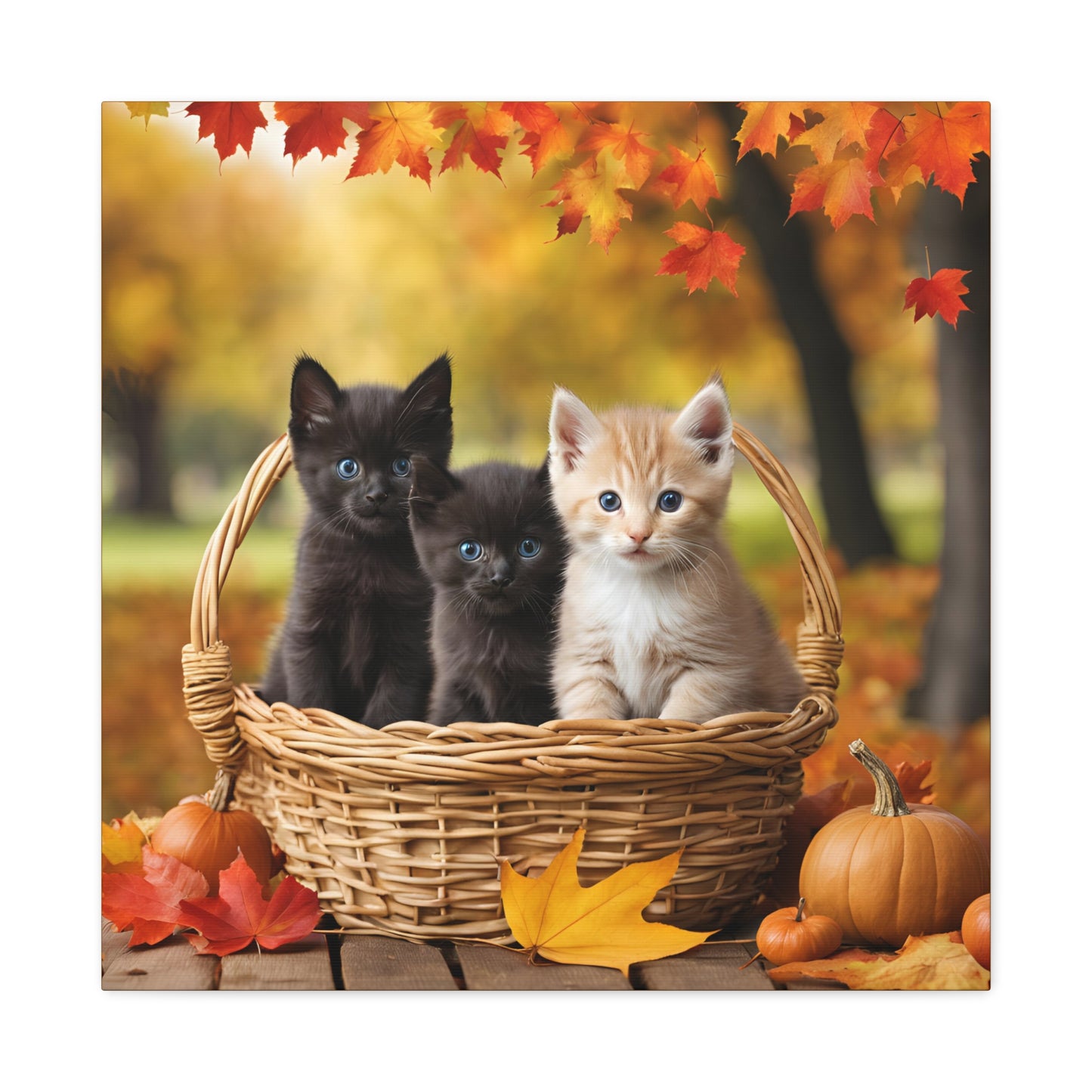 Kittens in Basket Fall Print Wall Art | Matte Canvas, Stretched, 1.25" | Cat Lover | Autumn | Pumpkins |