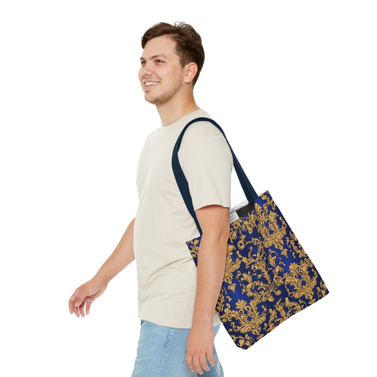 Elegant Royal Blue and Gold Damask Tote Bag | Carryall | Grocery Bag | Shopping Bag |