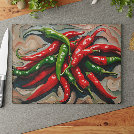 Kitchen Decor Glass Cutting Board Serving Tray with Modern Red Hot Chili Peppers Design Cutting Board Gift for Home Cook Charcuterie Board