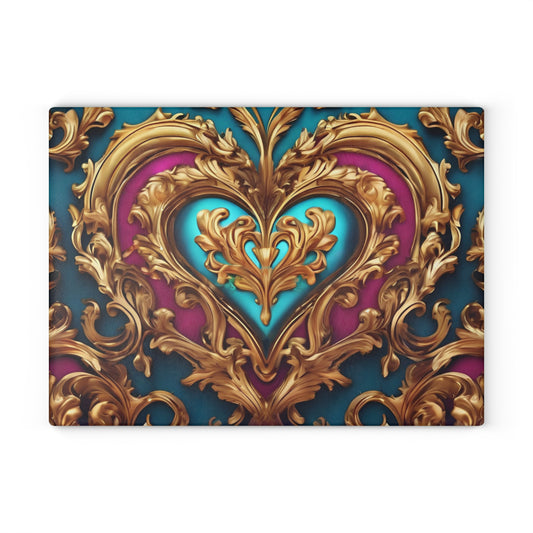Kitchen Decor Glass Cutting Board Serving Tray with Heart Design Retro Damask Pattern Cutting Board Gift for Home Cook Charcuterie Board